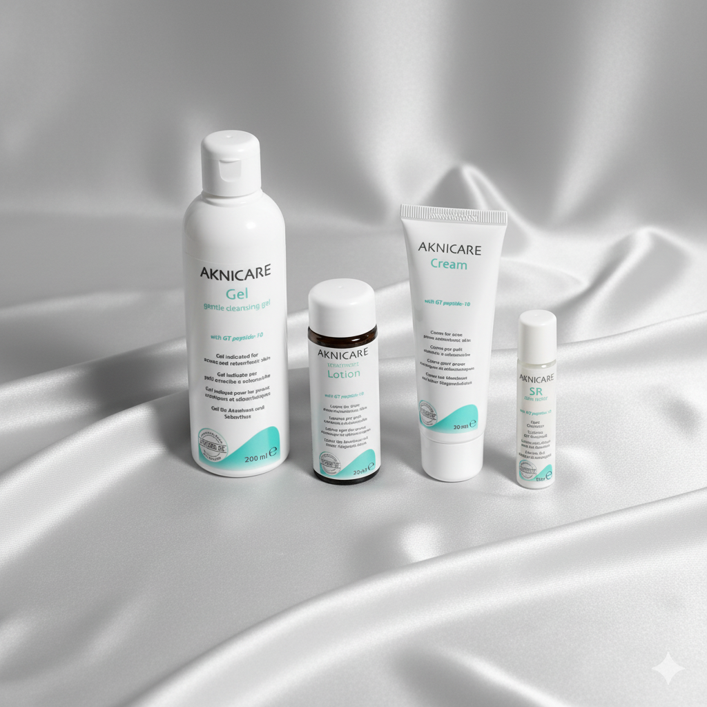 Aknicare skincare acne skincare treatment products on a white background