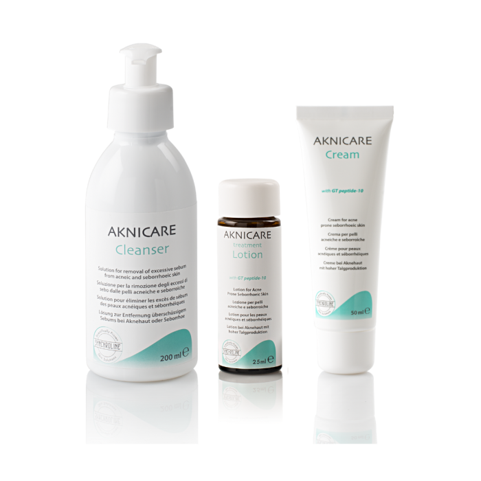 Aknicare acne skincare treatment products including Cleanser, Lotion, and Cream on a white background