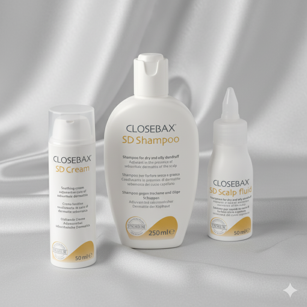 Closebax SD Dandruff and scalp treatment products including shampoo, cream, and fluid on a gray background