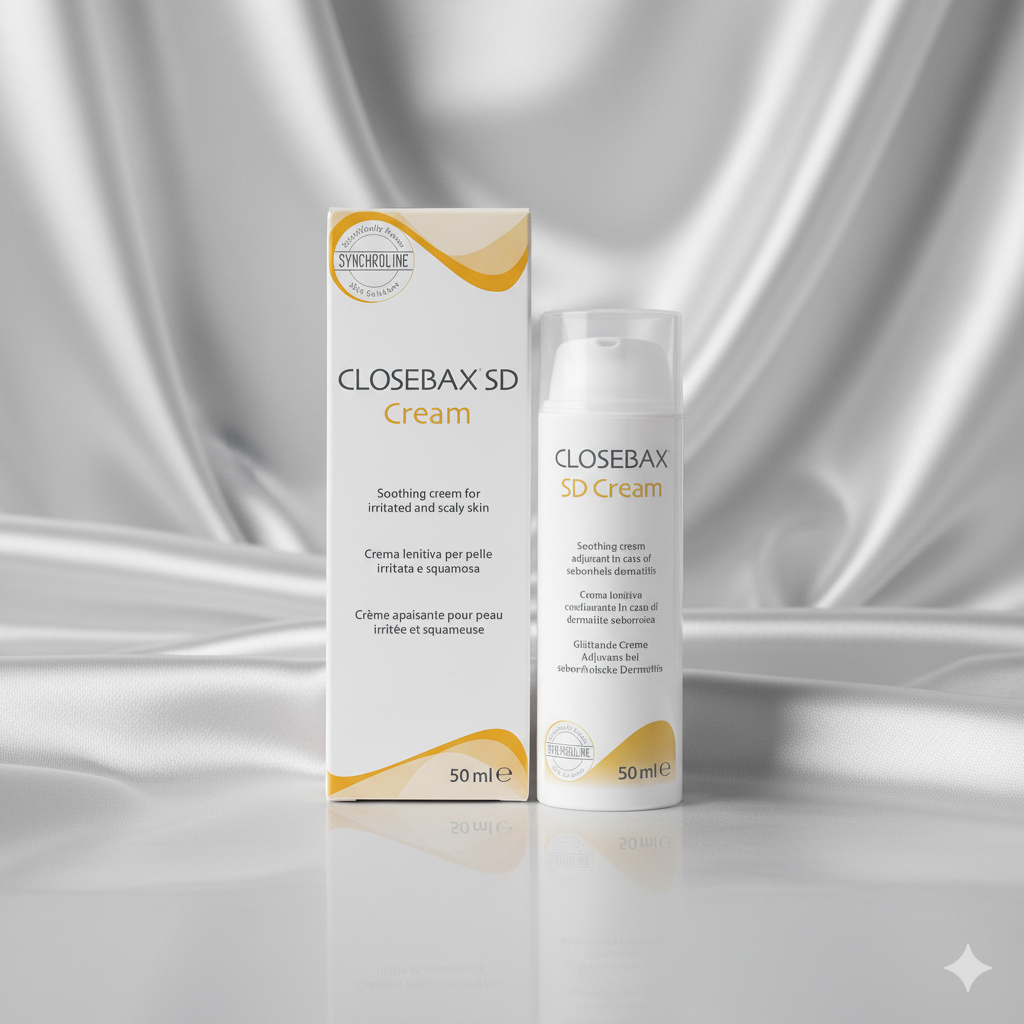 Closebax SD Cream advanced scalp treatment packaging and bottle on a silver fabric background