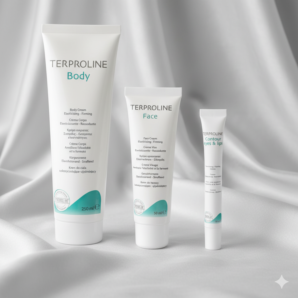 Terproline skincare products for Firmer Younger-Looking Skin on a gray fabric background